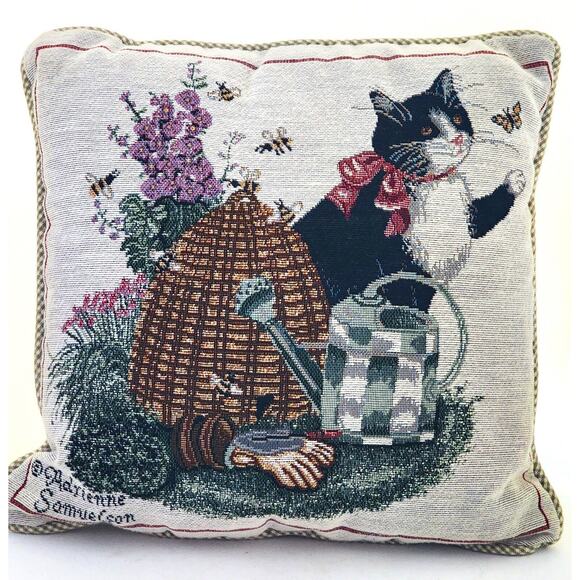 PILLOW-TAPESTRY-ADRIENNE SAMUELSON-Cat-Garden-Bees-Butterfly-Country-12" x 12" - Picture 1 of 14